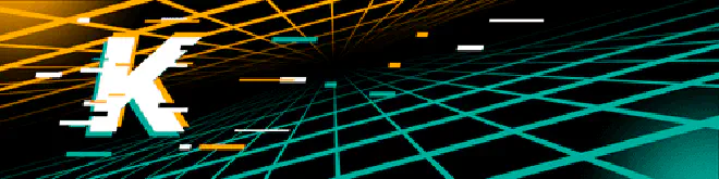 Digital banner with a bold, glitch-style letter 'K' on a futuristic black background featuring intersecting orange and teal grid lines, symbolizing advanced technology and innovation