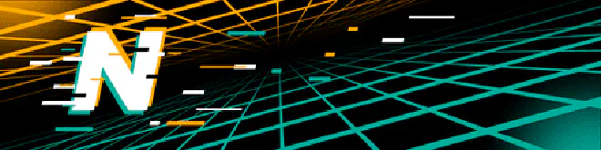 Digital banner with a bold, glitch-style letter 'N' on a futuristic black background featuring intersecting orange and teal grid lines, symbolizing advanced technology and innovation