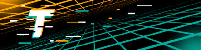 Digital banner with a bold, glitch-style letter 'T' on a futuristic black background featuring intersecting orange and teal grid lines, symbolizing advanced technology and innovation