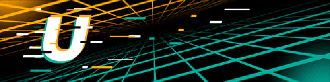 Digital banner with a bold, glitch-style letter 'U' on a futuristic black background featuring intersecting orange and teal grid lines, symbolizing advanced technology and innovation