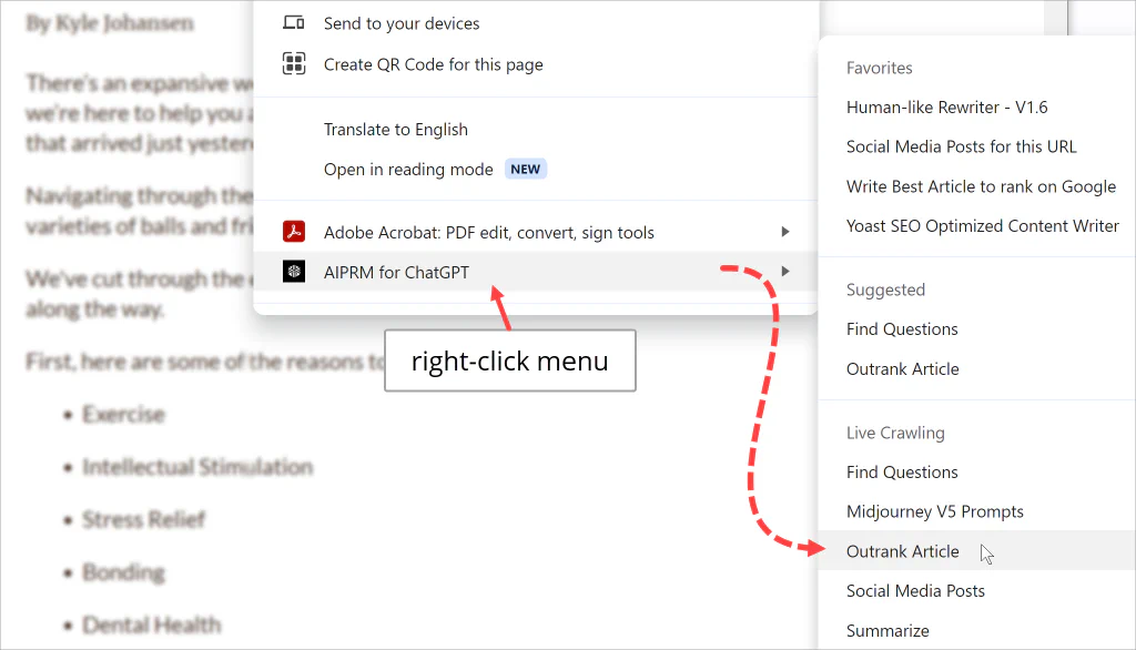 Capture d’écran d’une flèche pointant vers le menu AIPRM Everywhere