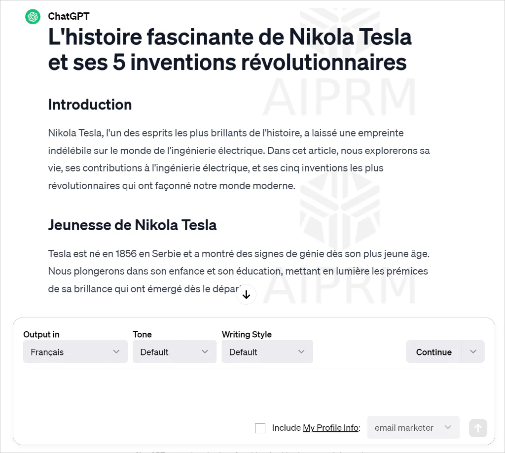 Pillanatkép a ChatGPT francia nyelvű szövegkibocsátásról