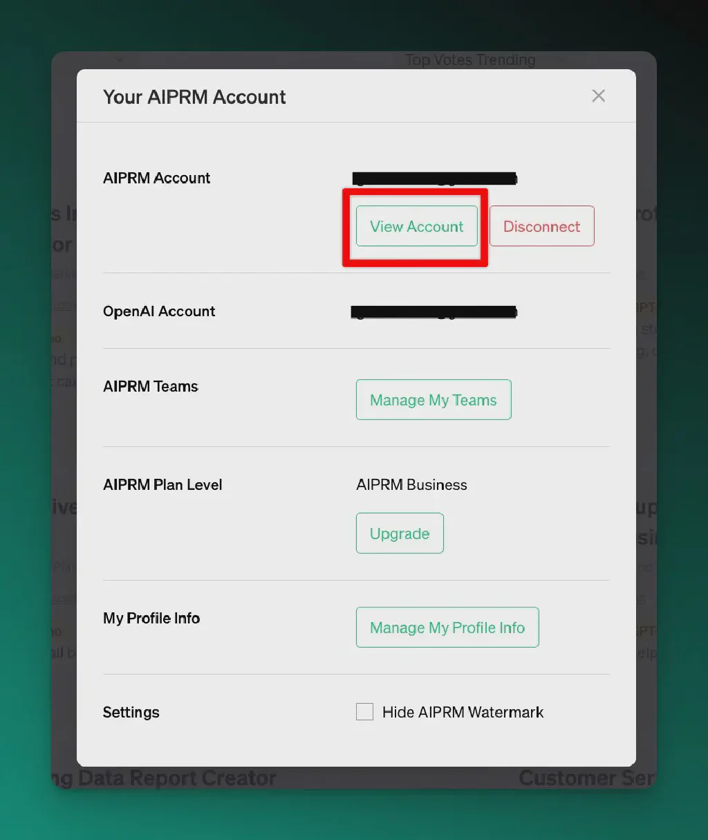 Schermata della maschera di gestione di AIPRM con l’evidenziazione di Visualizza account.